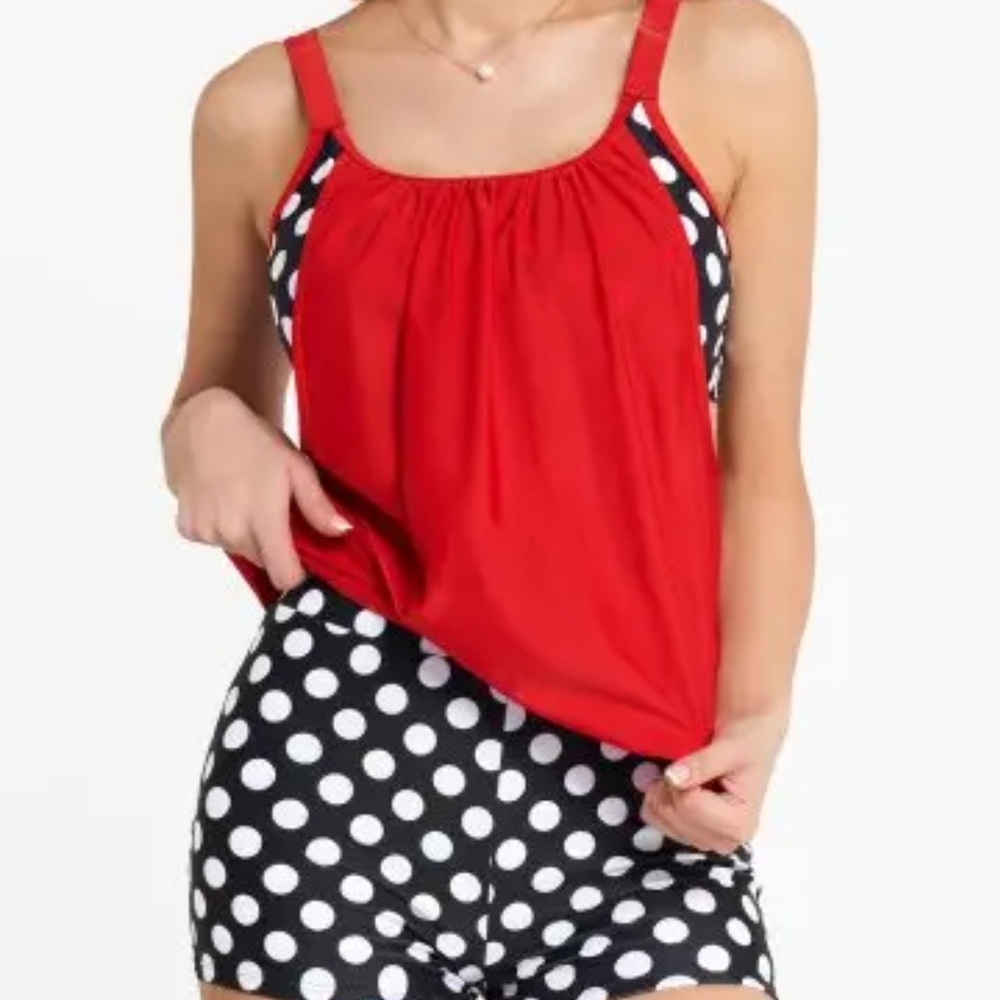 NWOT Red and Polka Dot two-piece bathing suit. Clean, Necer Used!!